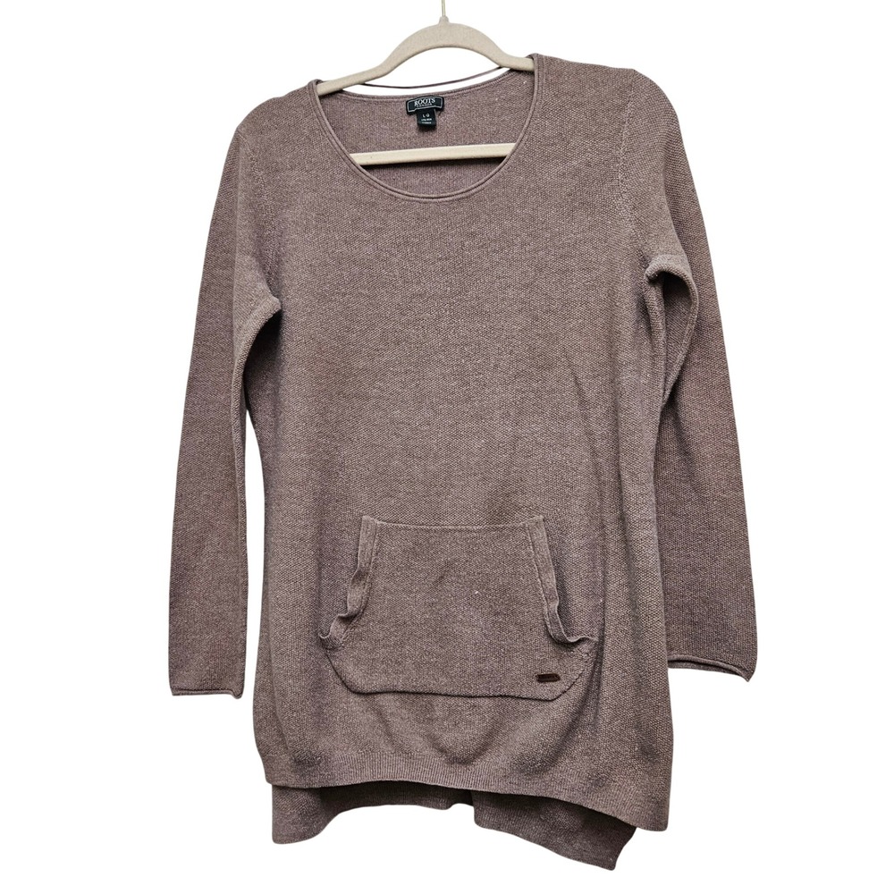 Roots Knit Sweater Womens Large Taupe Mauve Wool Blend Kangaroo Pocket Tunic